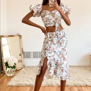 Frill White Floral Print Off-the-Shoulder Midi